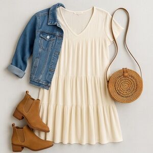 Final Touch White Linen Rayon Tiered Babydoll Tunic Dress | Size S 🇺🇸